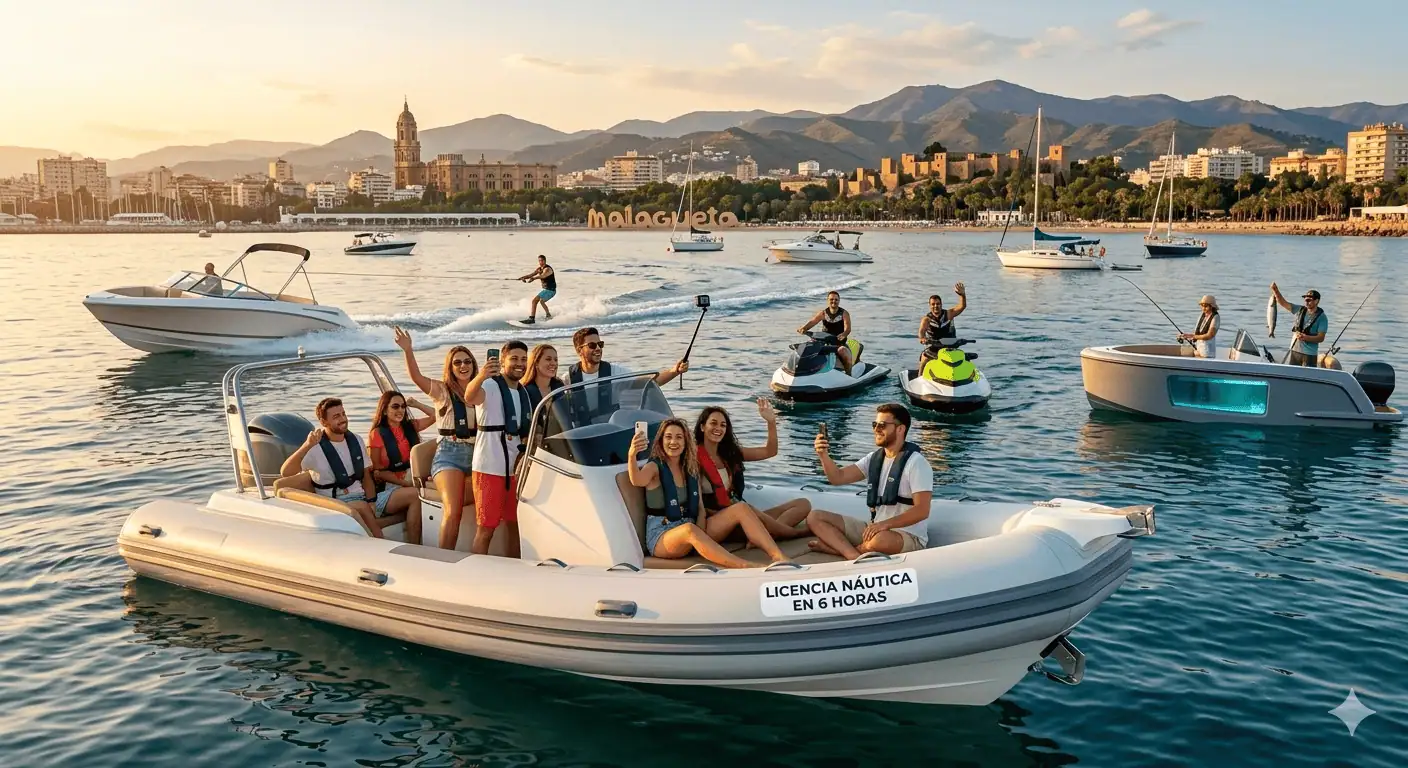 Licencia de Navegación Málaga - Grupo de amigos navegando en barco en la costa de Málaga - Curso sin examen en solo 6 horas - Escuela Náutica La Mar de Málaga